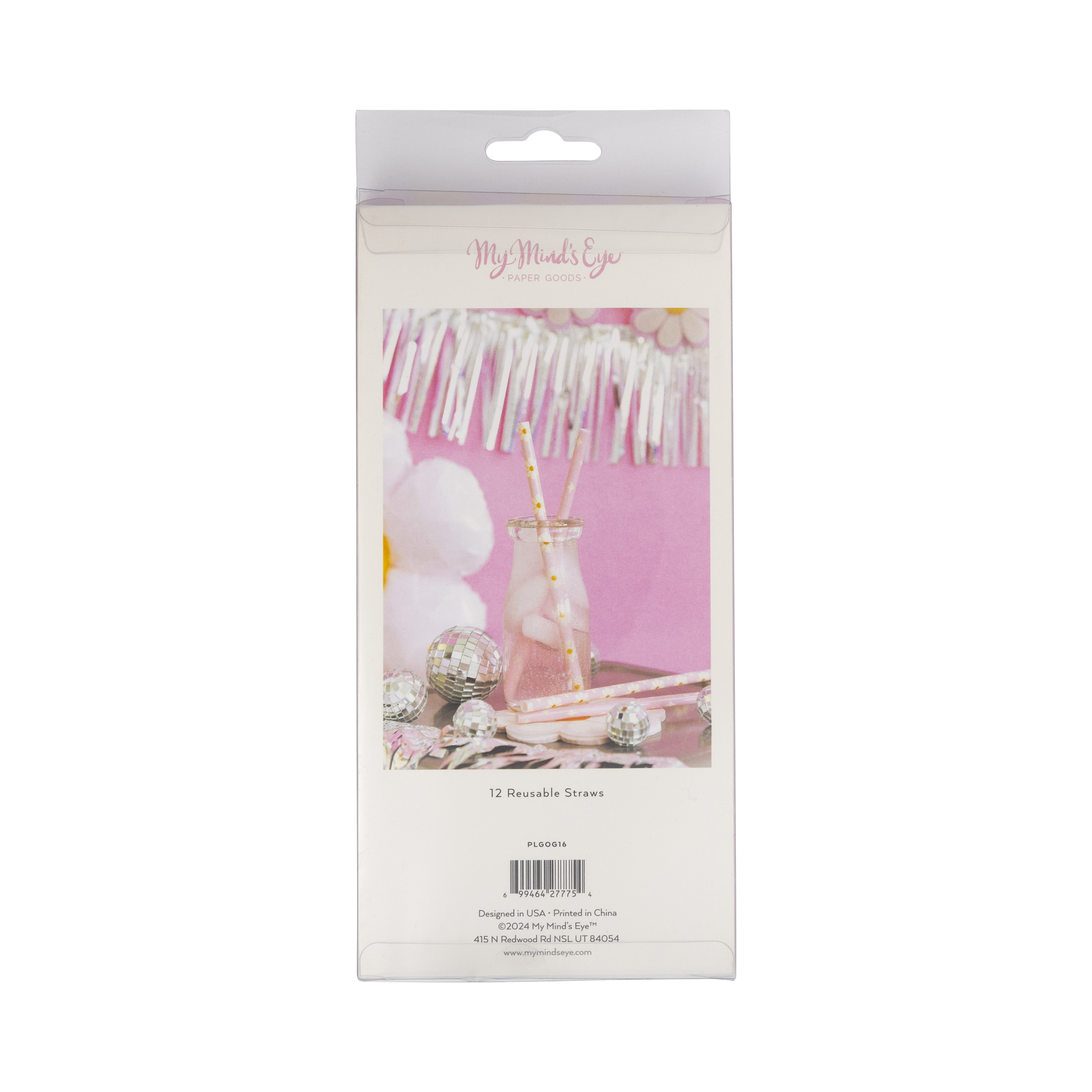 Packaging of decorative straws with a pink background and &