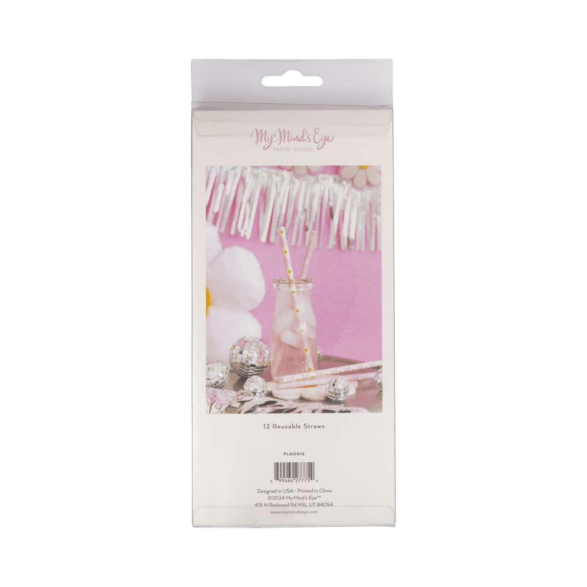 Packaging of decorative straws with a pink background and &