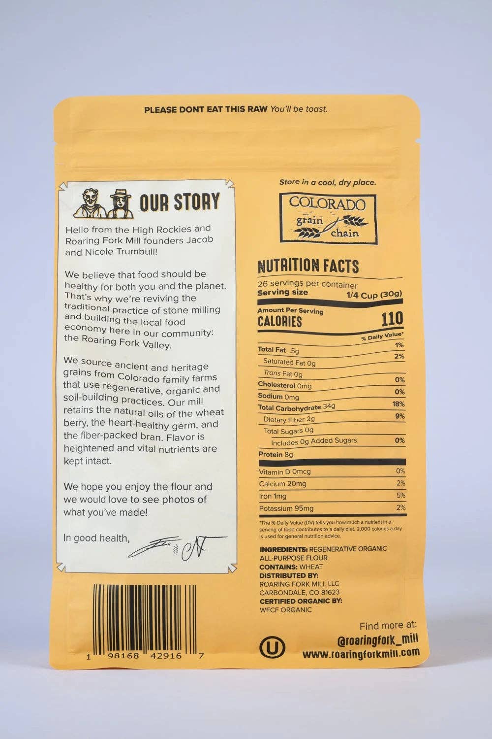Back of a yellow flour package with text and nutrition facts on a white background