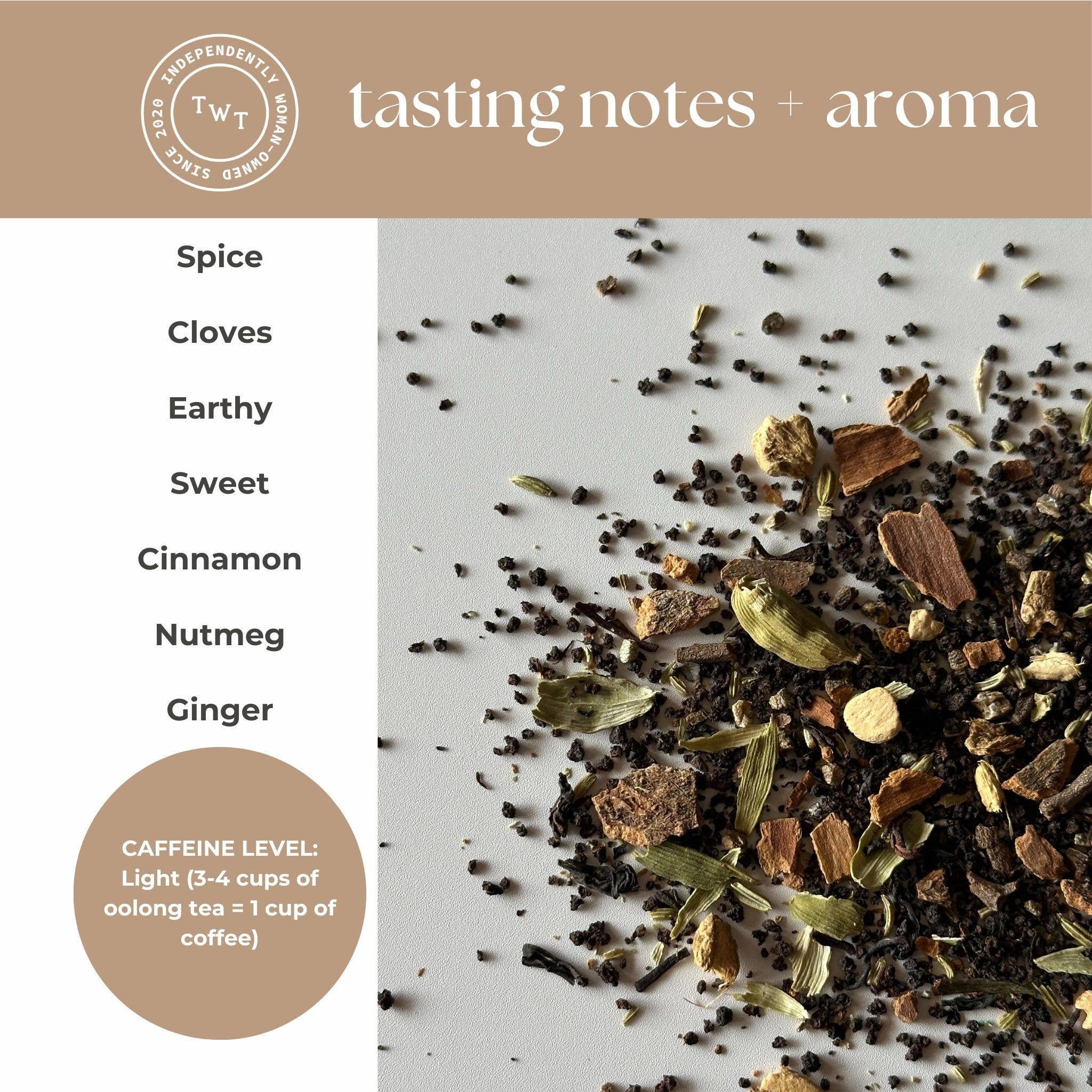 Spices and herbs with tasting notes and aroma description on a beige background