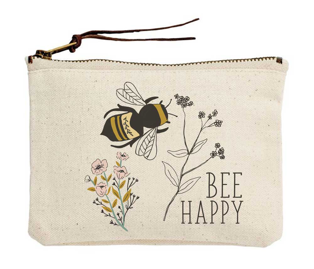 Canvas pouch with bee and floral design, featuring the text &