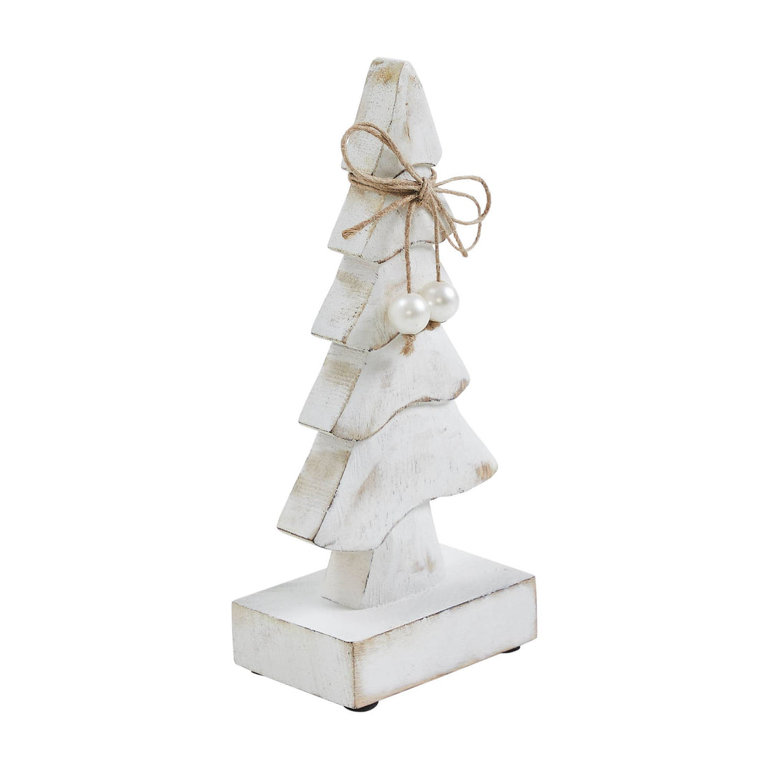 Decorative white Christmas tree with pearls and a bow on a white background