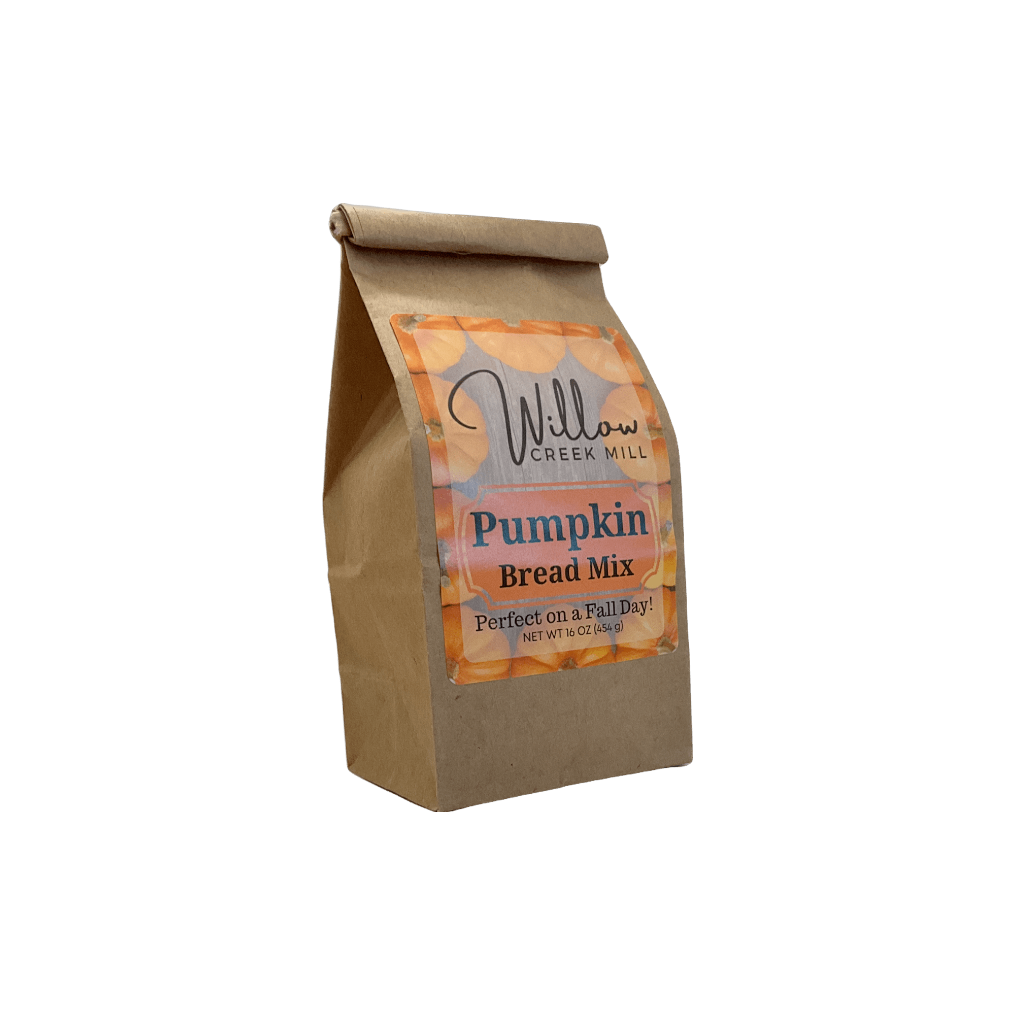 Kraft paper bag of Willow Creek Mill Pumpkin Bread Mix on a white background
