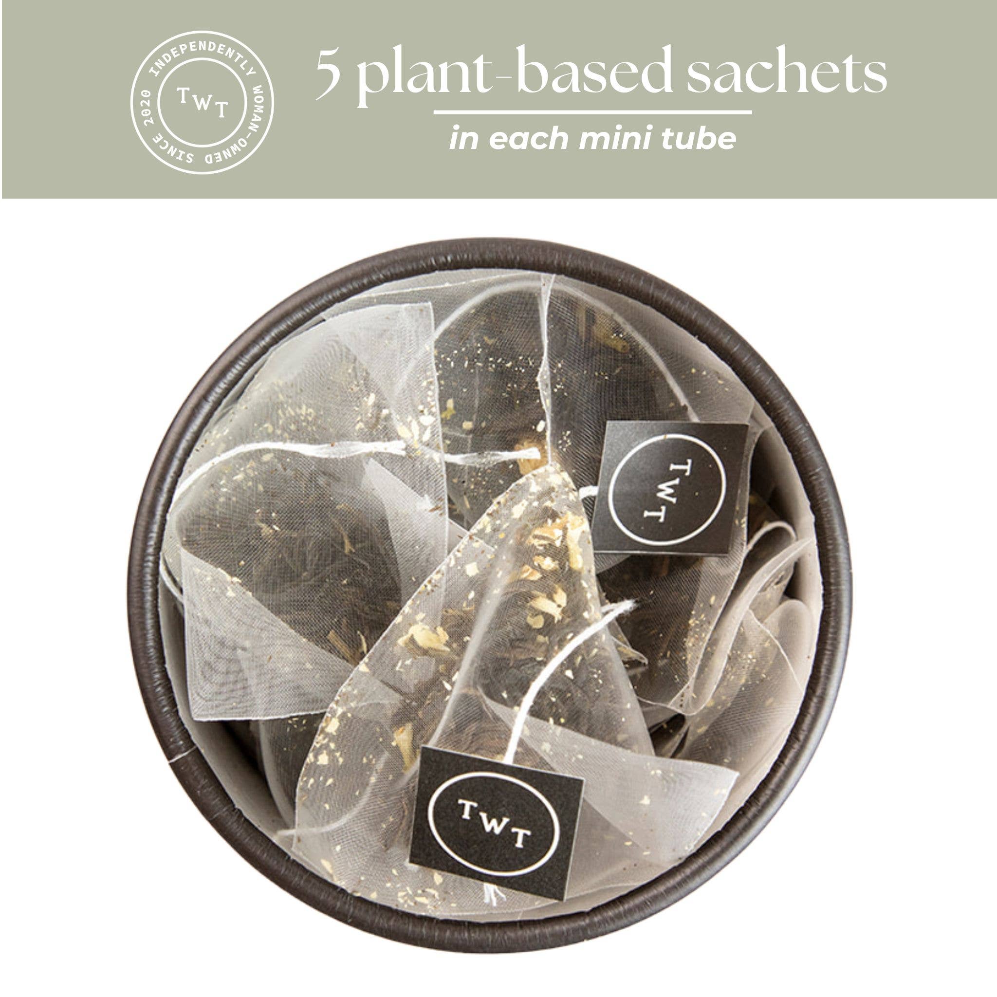 TWT plant-based sachets in a clear container with branding.