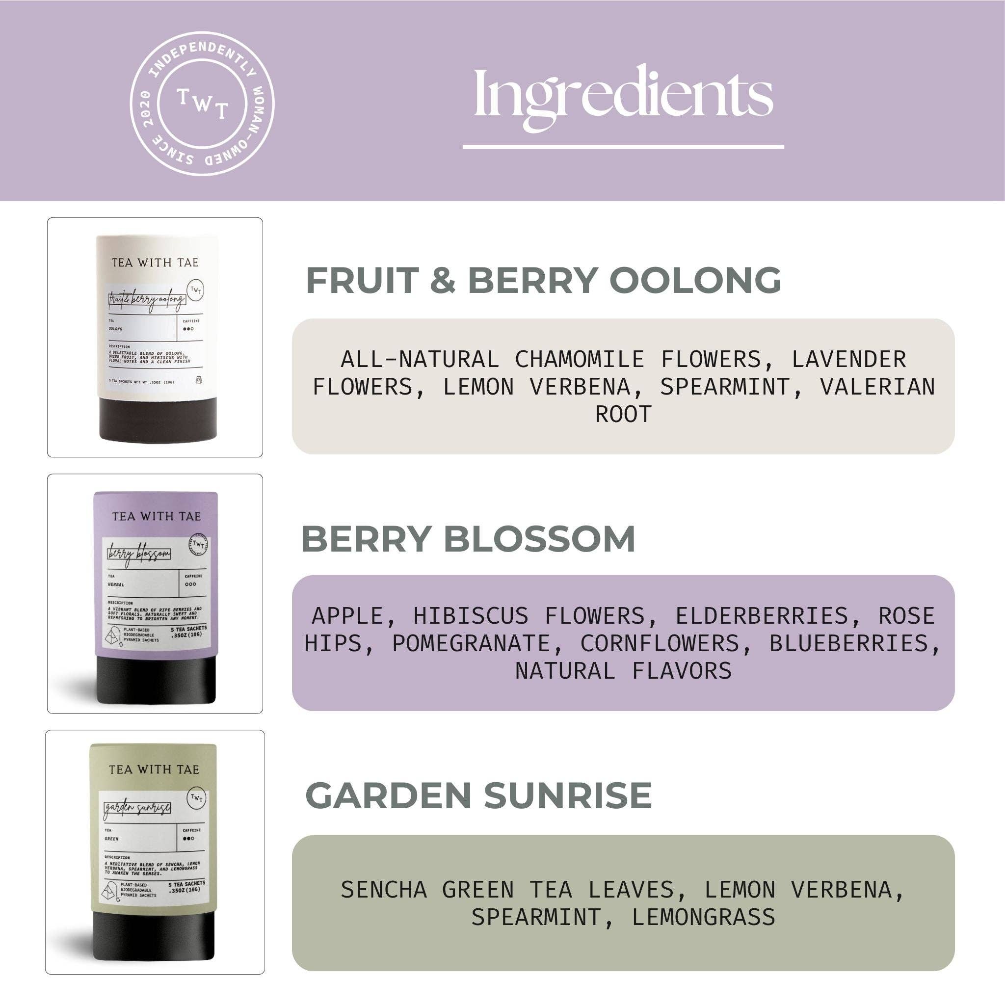 Tea packaging with ingredients listed on a purple background