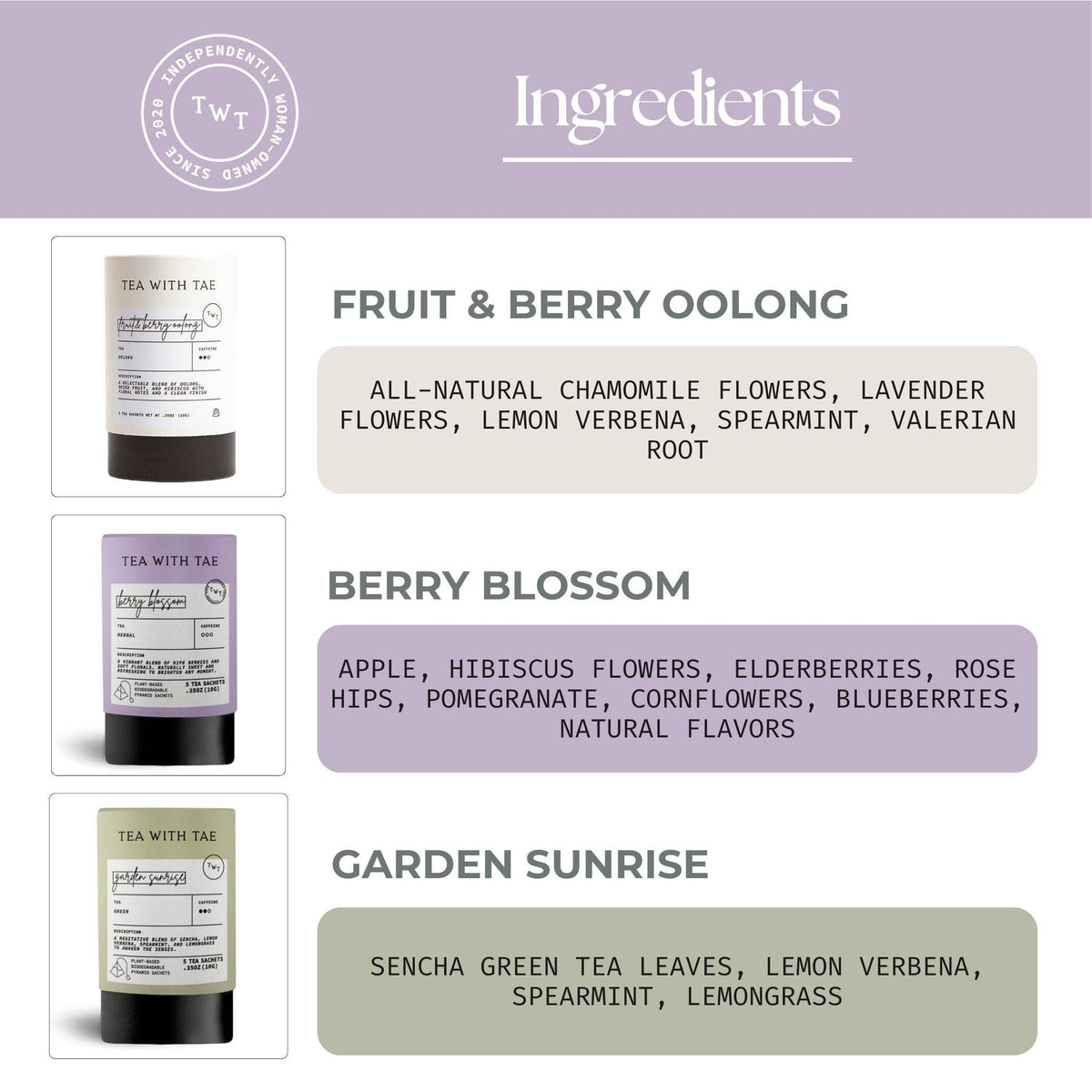 Tea packaging with ingredients listed on a purple background