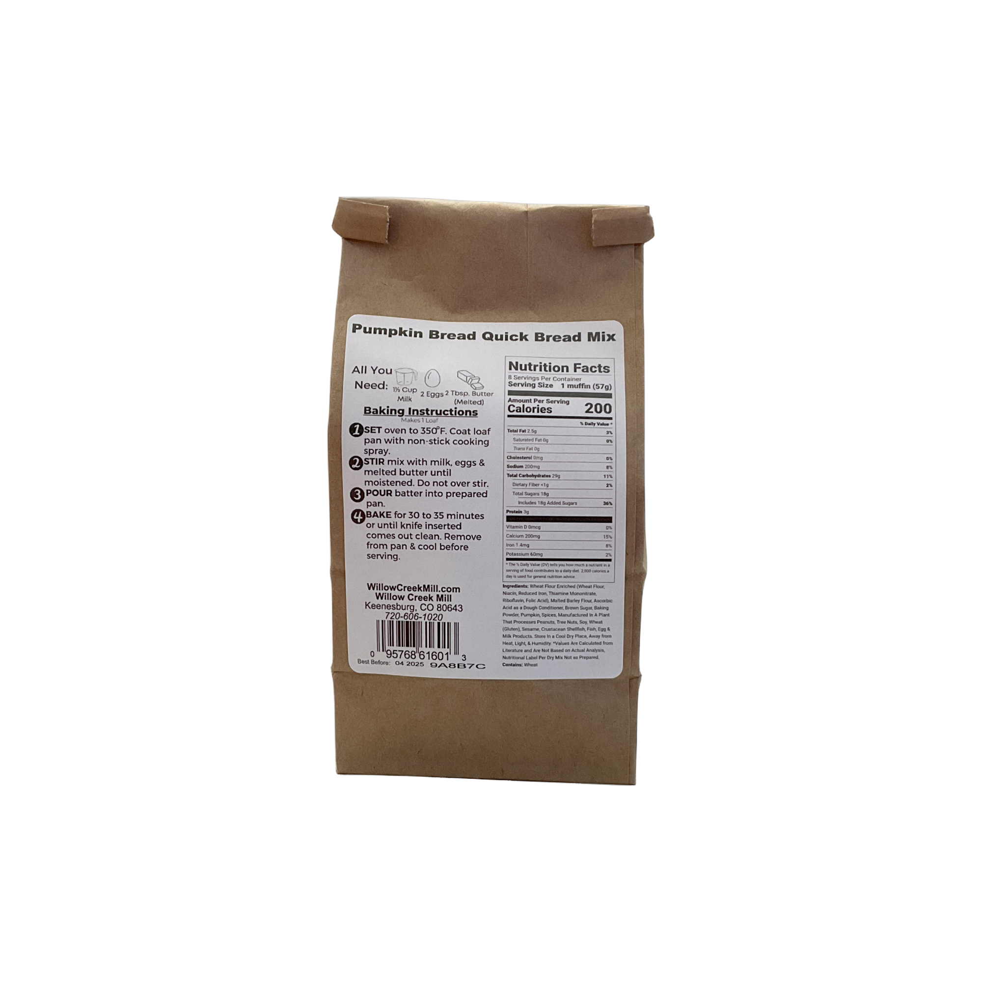 Brown paper bag with a label for pumpkin bread quick bread mix on a white background