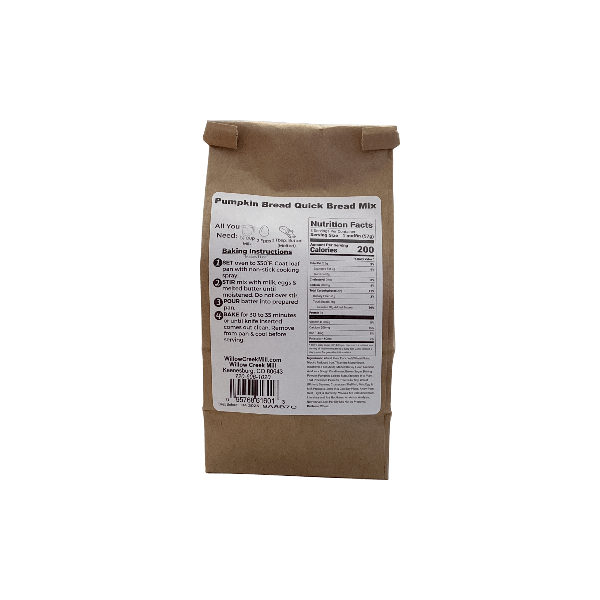 Brown paper bag with a label for pumpkin bread quick bread mix on a white background