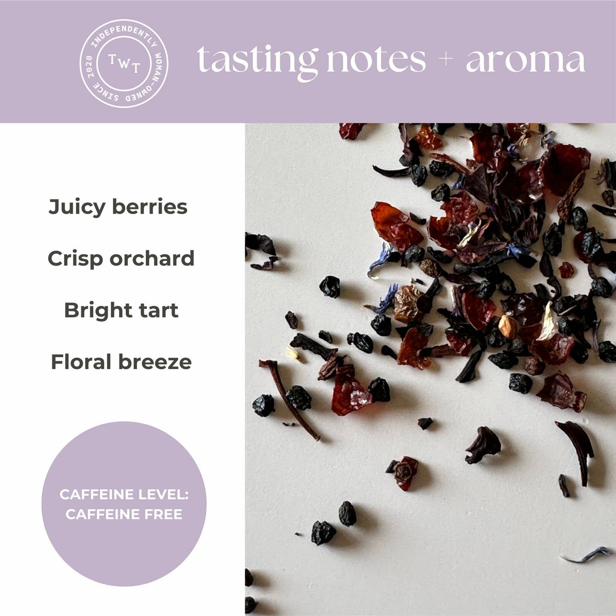 Tea leaf packaging with tasting notes and aroma description on a white background