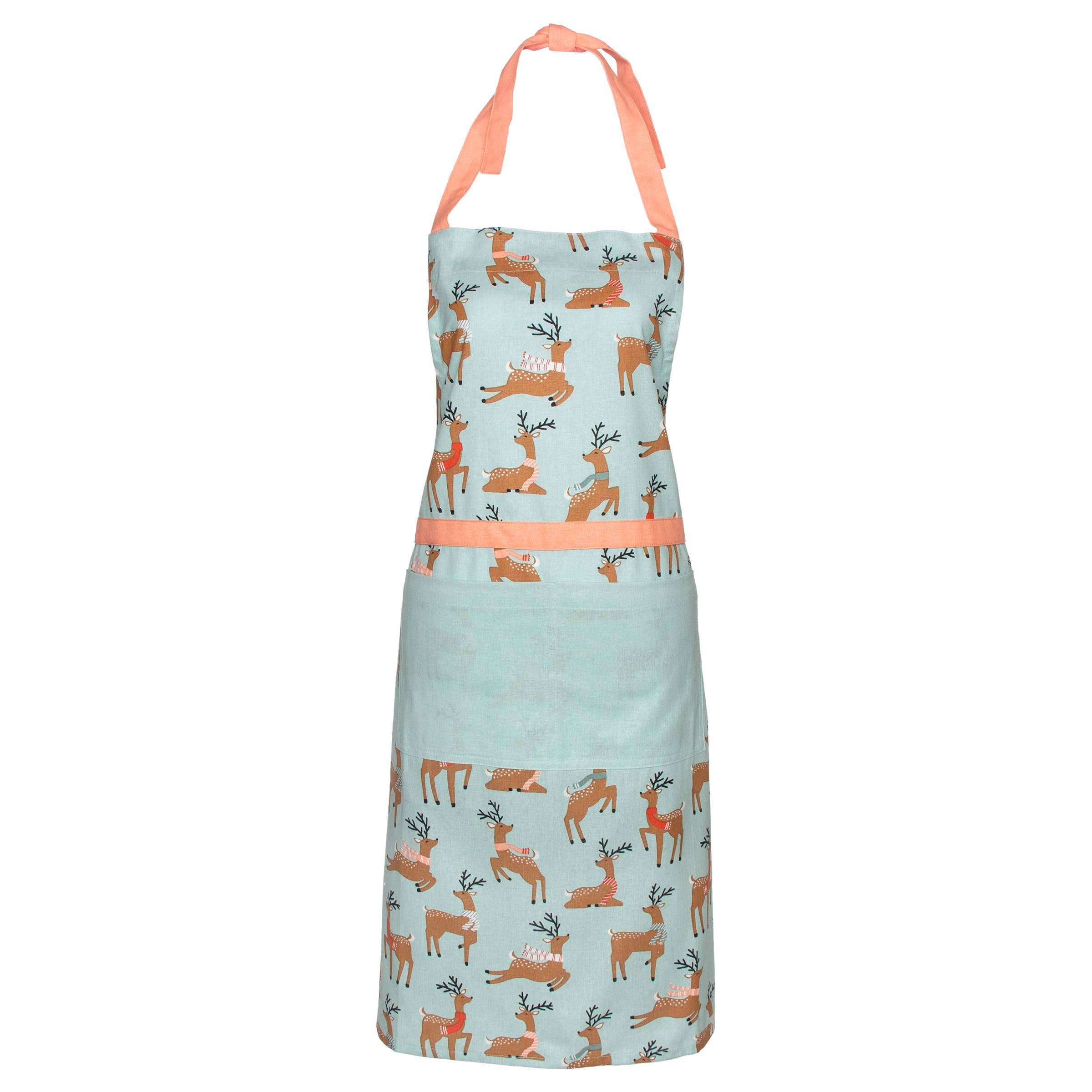 Apron with deer pattern and peach accents on a light blue background