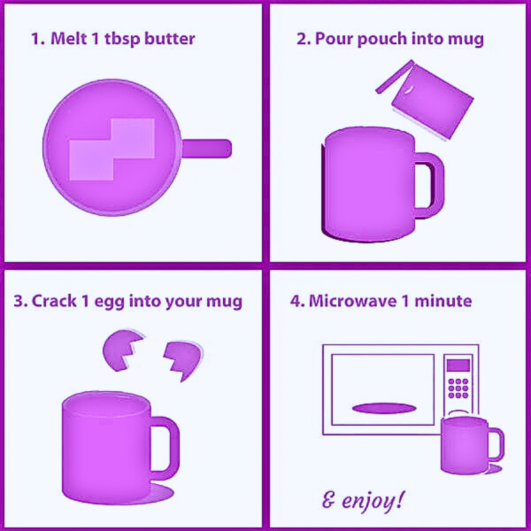 Step-by-step instructions for making a product using a purple mug and other items on a purple background.