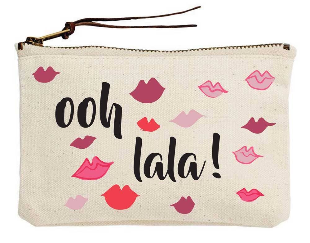 Beige pouch with pink and red lip prints and &