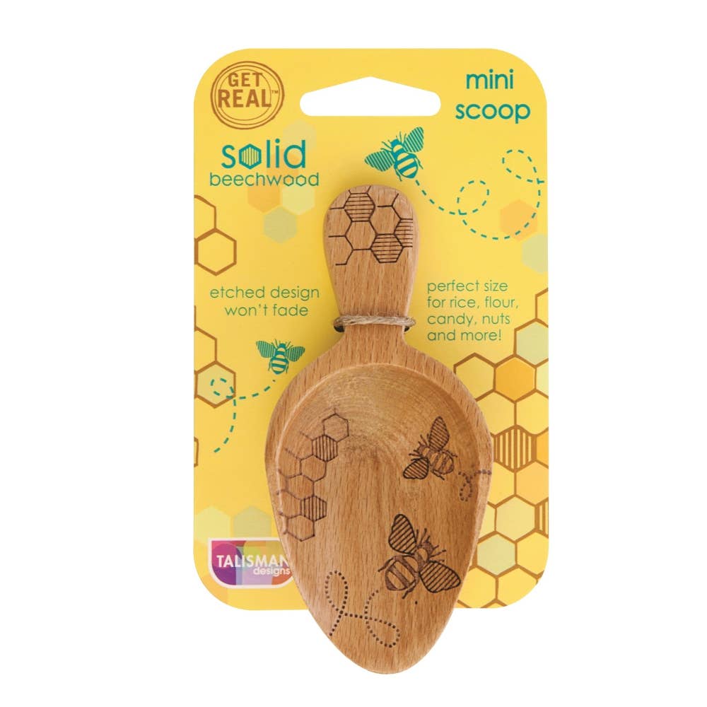 Wooden mini scoop with bee designs on a yellow packaging background