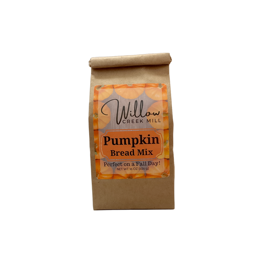 Bag of Willow Creek Mill pumpkin bread mix on a white background