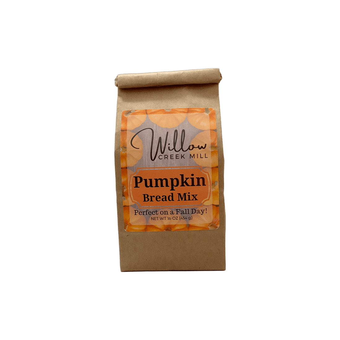 Bag of Willow Creek Mill pumpkin bread mix on a white background