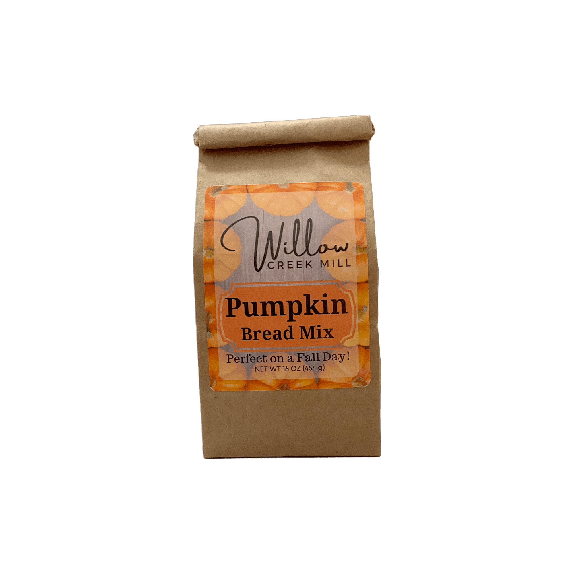 Bag of Willow Creek Mill pumpkin bread mix on a white background