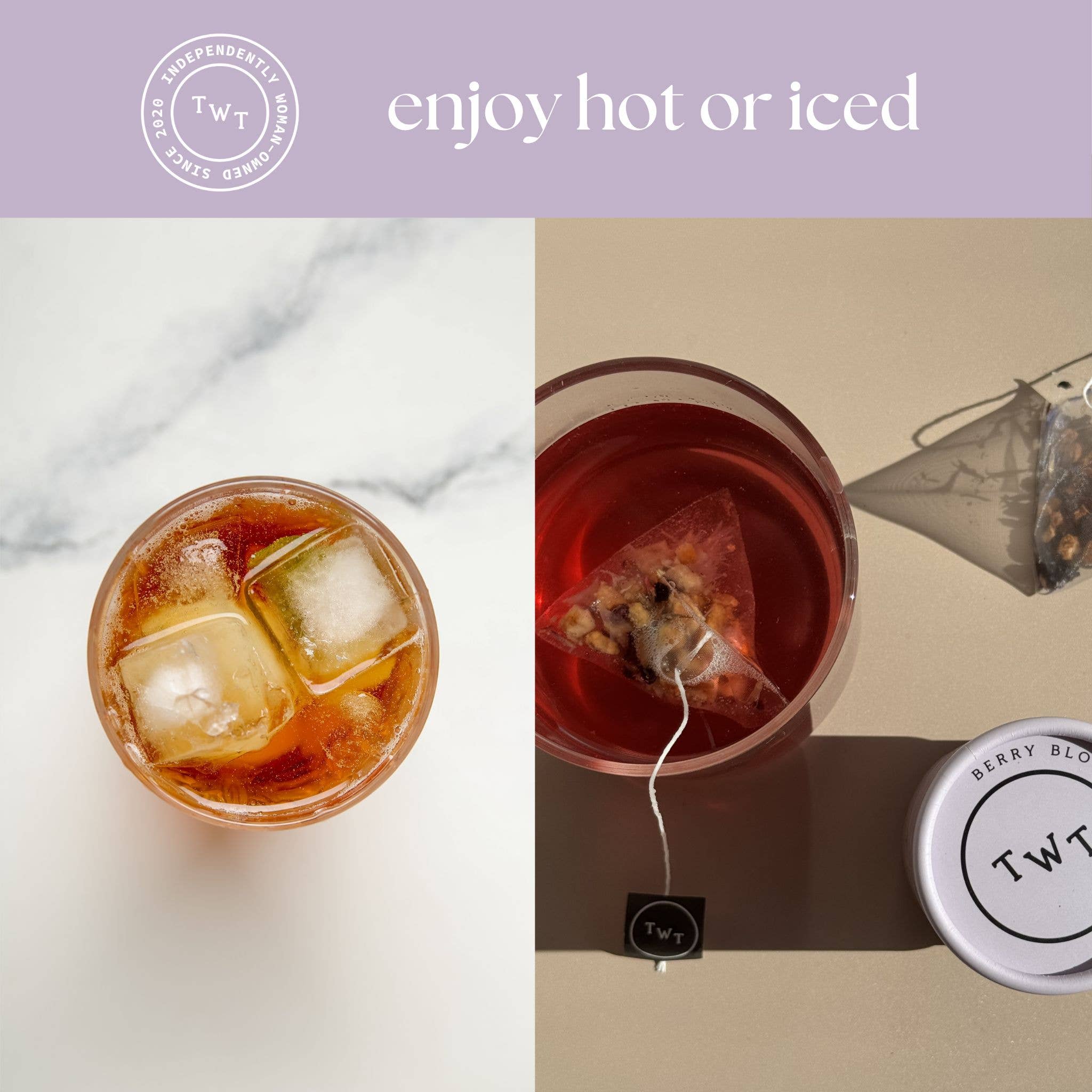 Two images of iced tea with a tea bag and a container labeled &