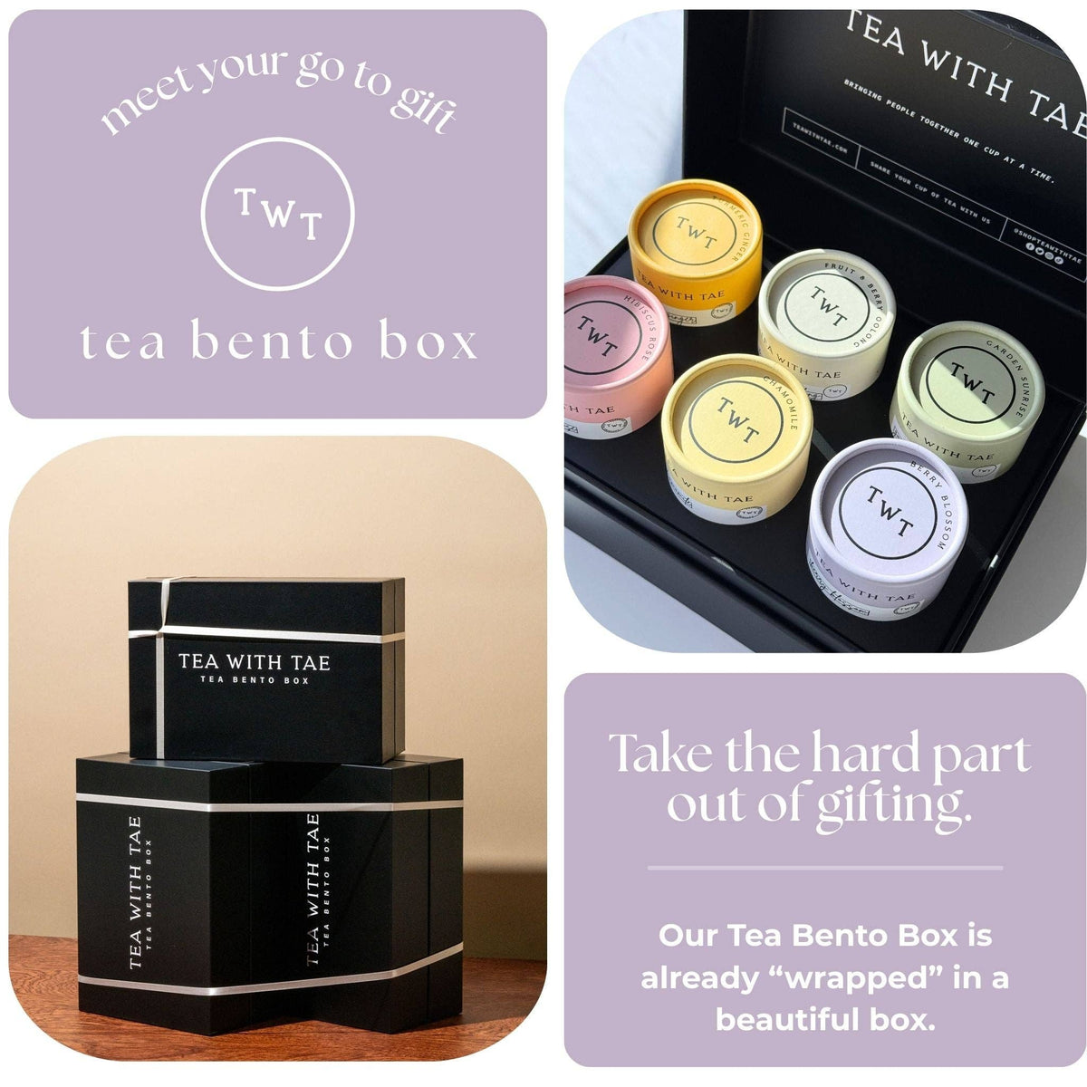 Tea bento box packaging with various tea containers and branded text.