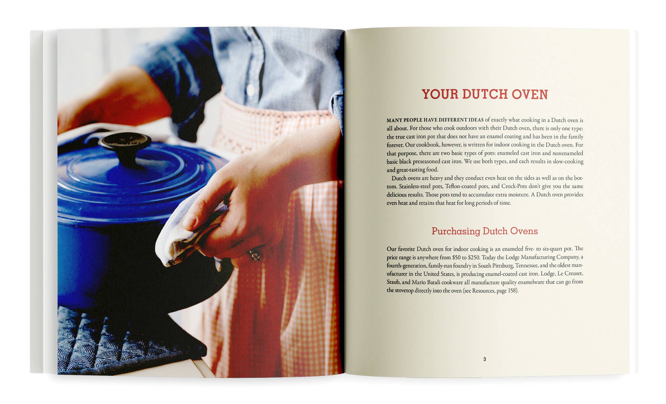 Open book showing a person holding a blue Dutch oven lid with text about Dutch ovens.