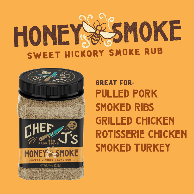 Honey Smoke sweet hickory smoke rub jar with branding and uses listed on an orange background