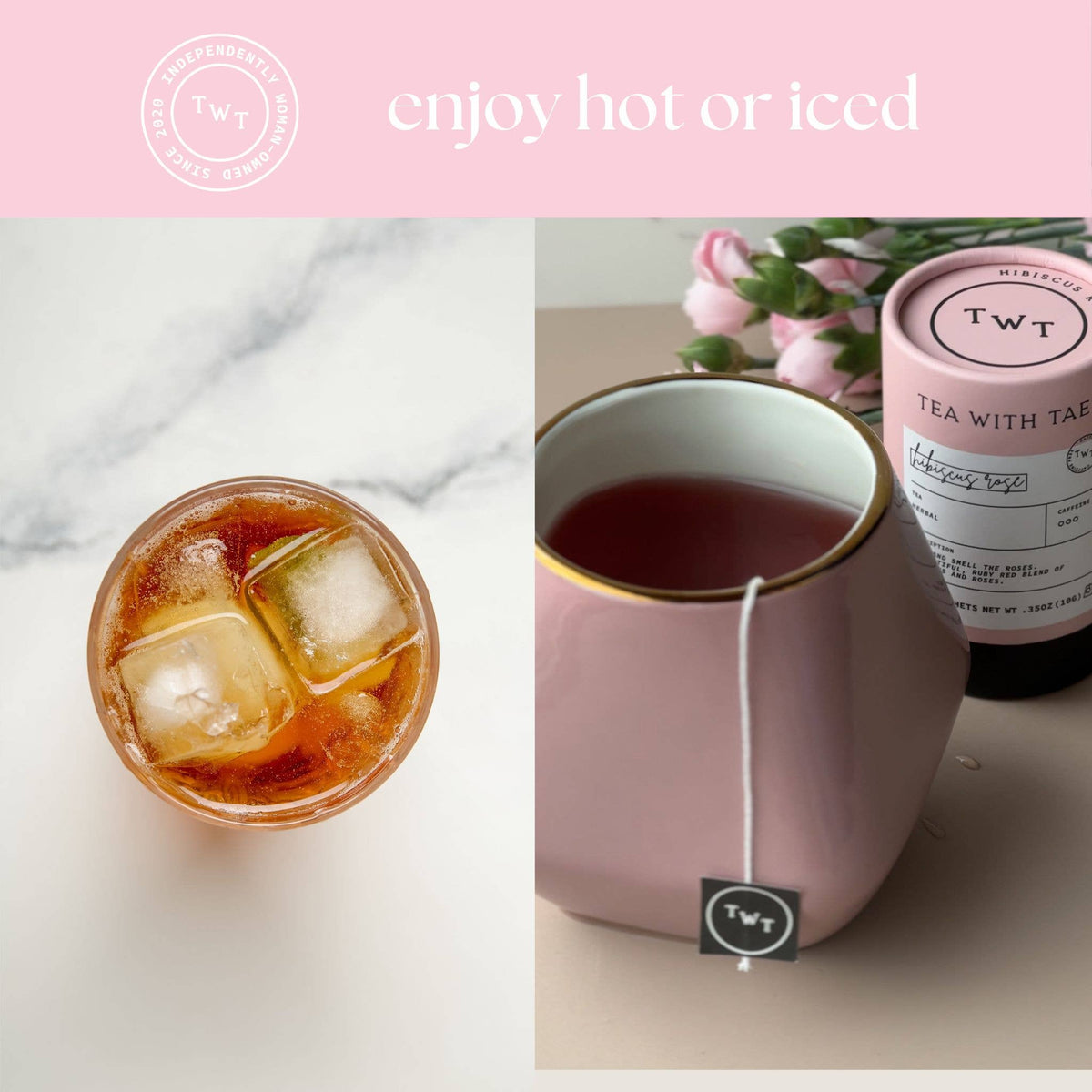 Tea with Tea (TWT) packaging with a pink mug, iced tea, and a canister on a marble surface.