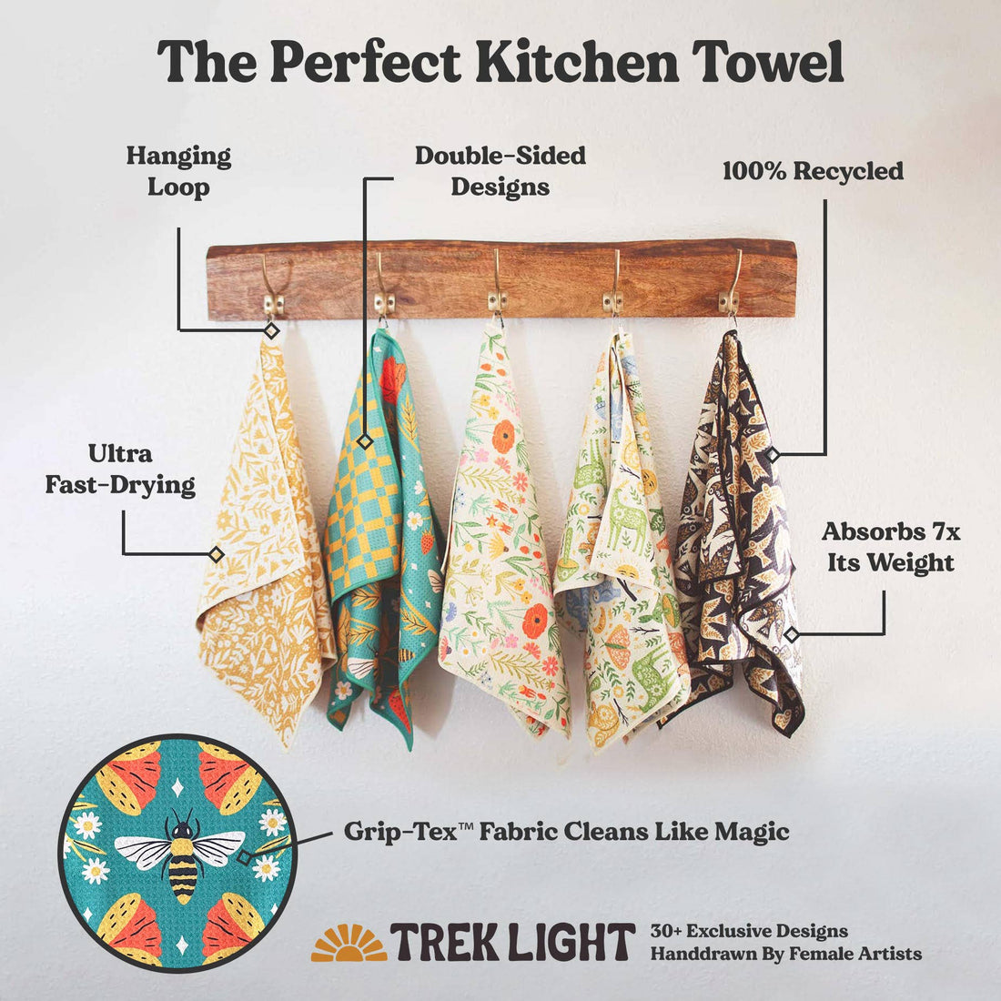 Collection of colorful kitchen towels hanging on a rack with features highlighted.