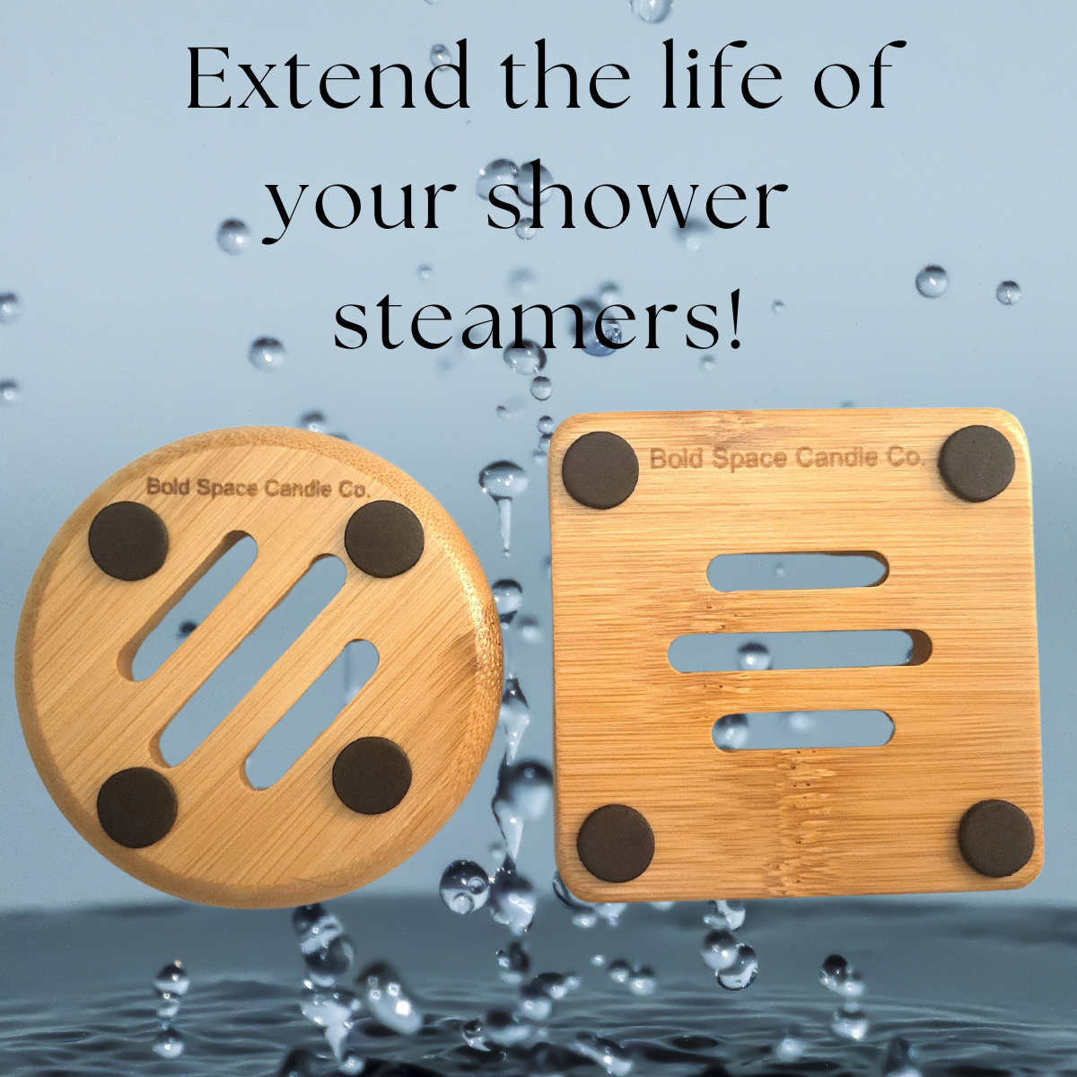 Wooden shower steamers with water droplets in the background and text promoting their use.