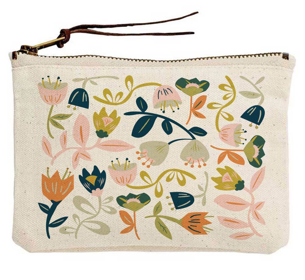 Floral-patterned pouch with a brown strap on a white background