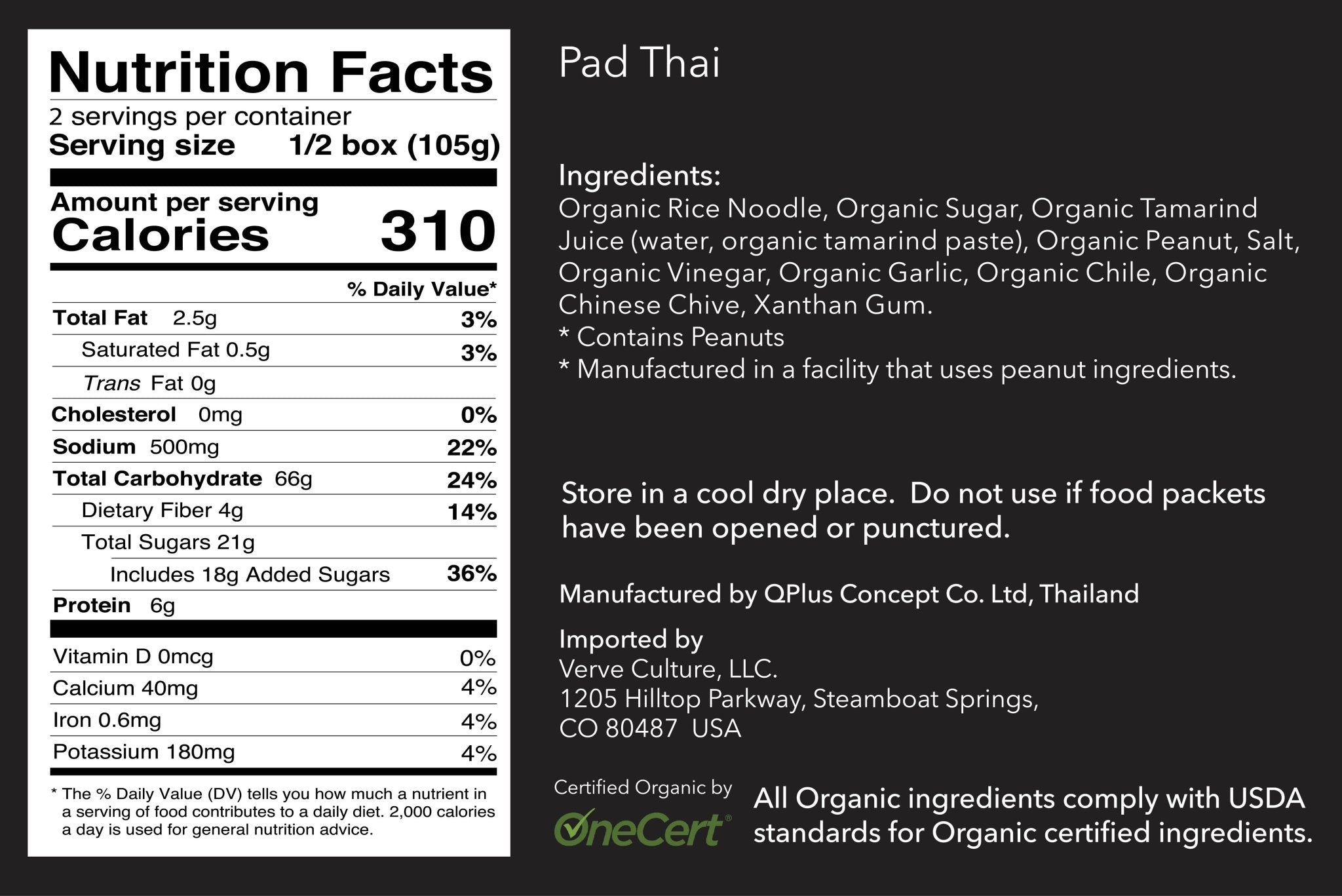 Nutrition facts label and ingredients list for Pad Thai on a black background