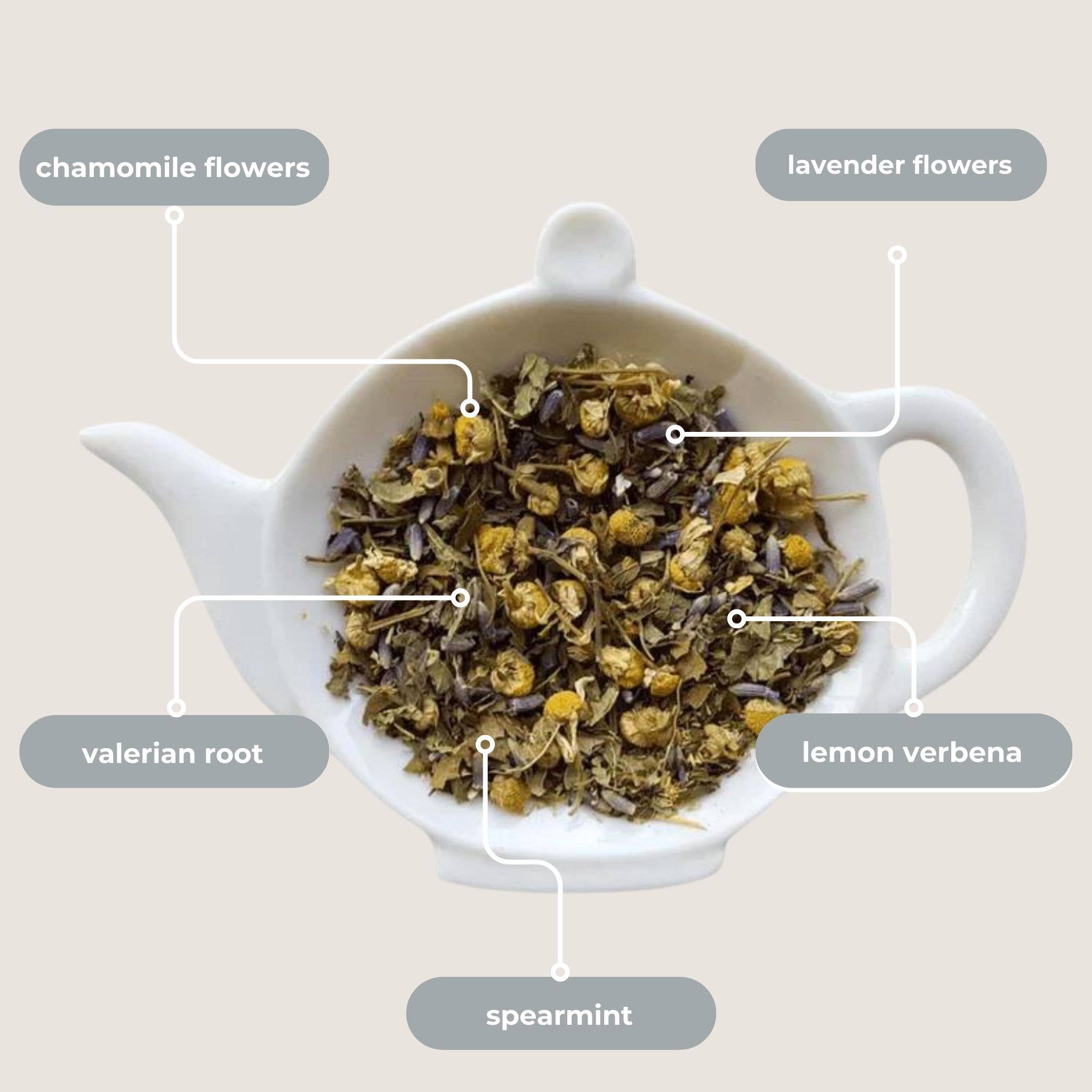 Tea leaves with labeled chamomile flowers, lavender flowers, valerian root, lemon verbena, and spearmint in a white teapot.