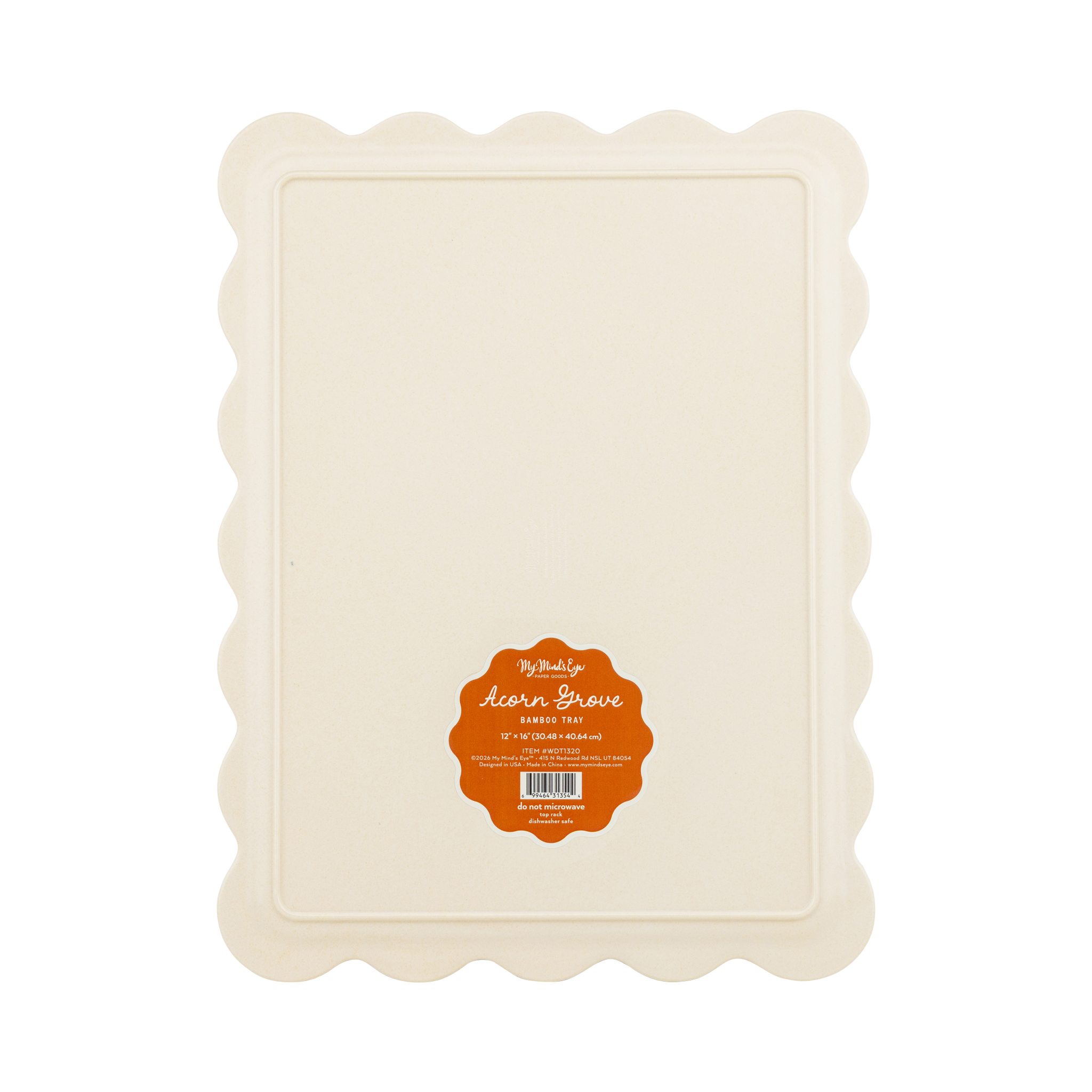 Rectangular beige tray with scalloped edges and a label on a white background