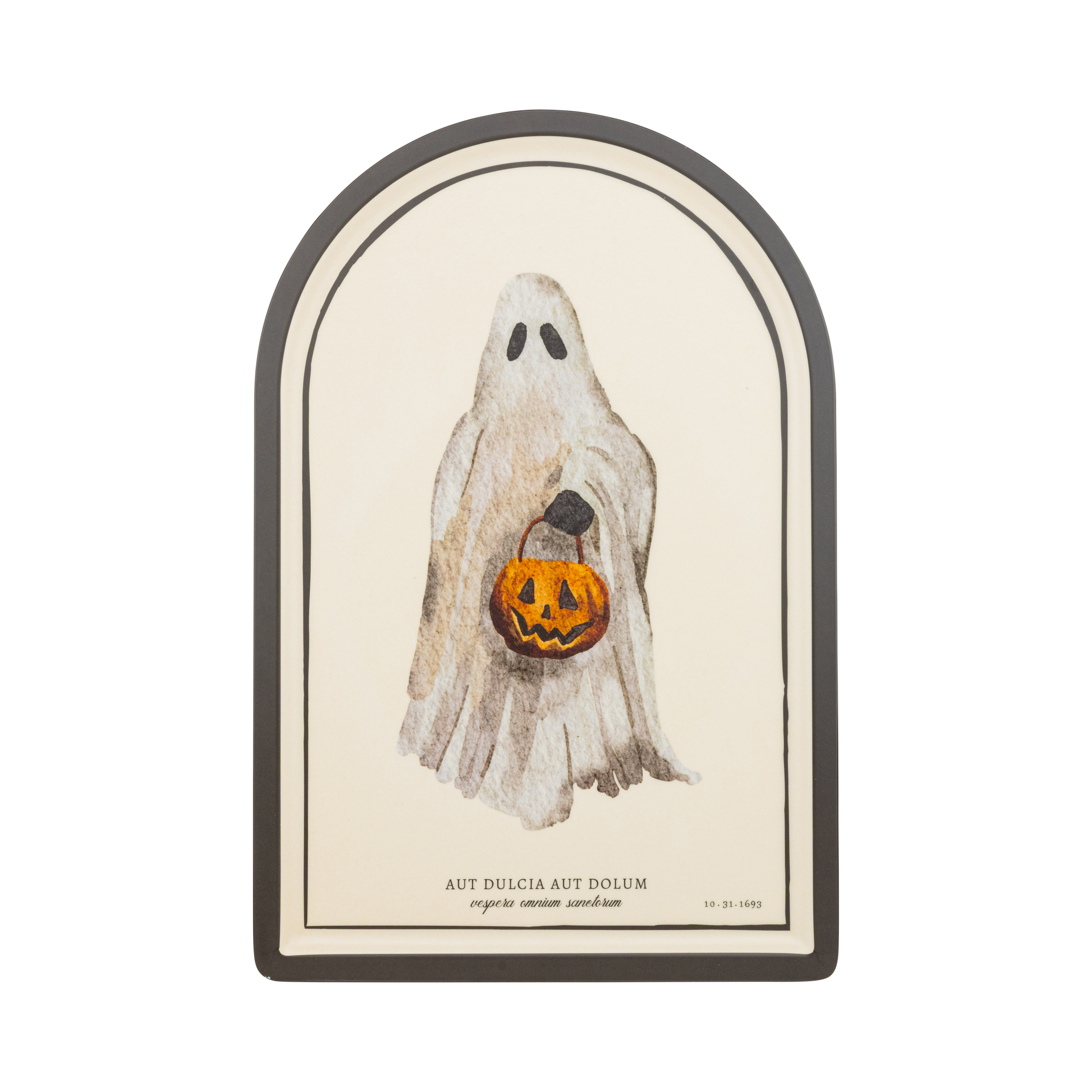 Decorative Halloween serving tray with a ghost holding a pumpkin lantern on a white background