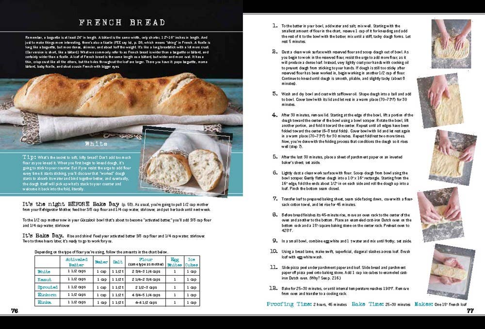 Book page with instructions on making French bread, including text and images of bread.