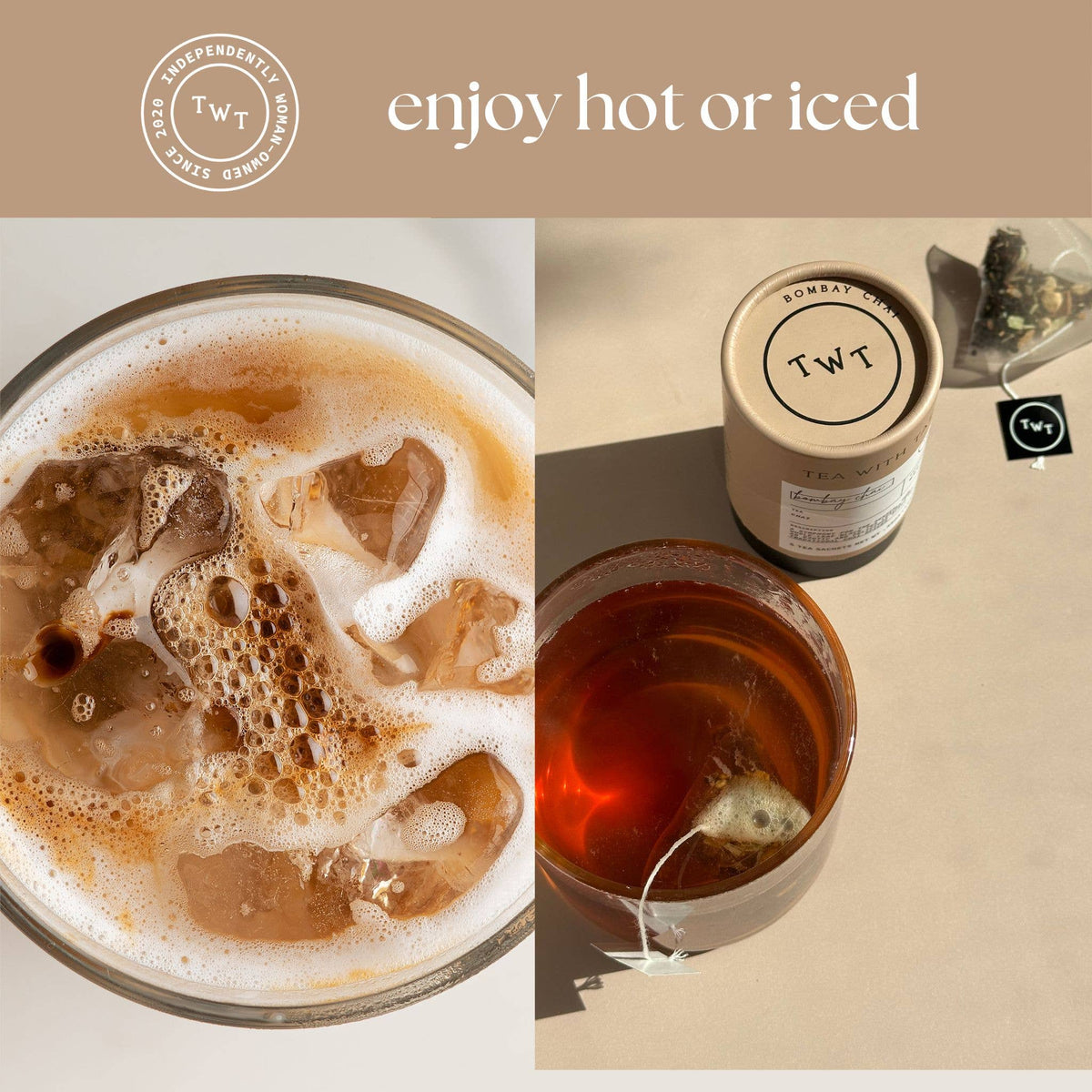 Two images of a hot and iced beverage with TWT branding.