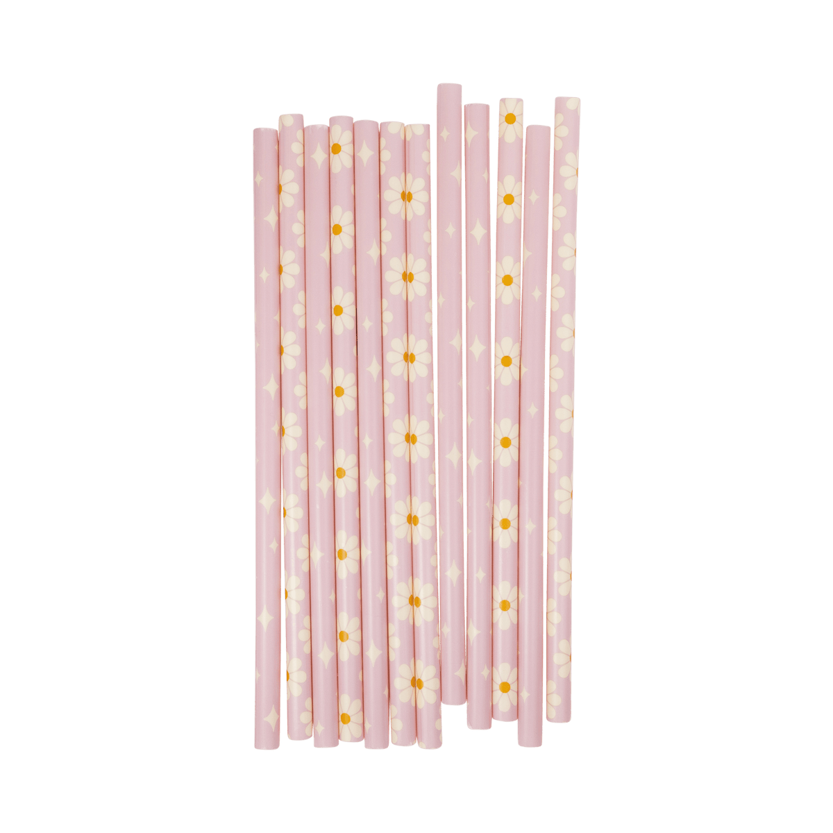 Pink straws with yellow floral patterns on a white background