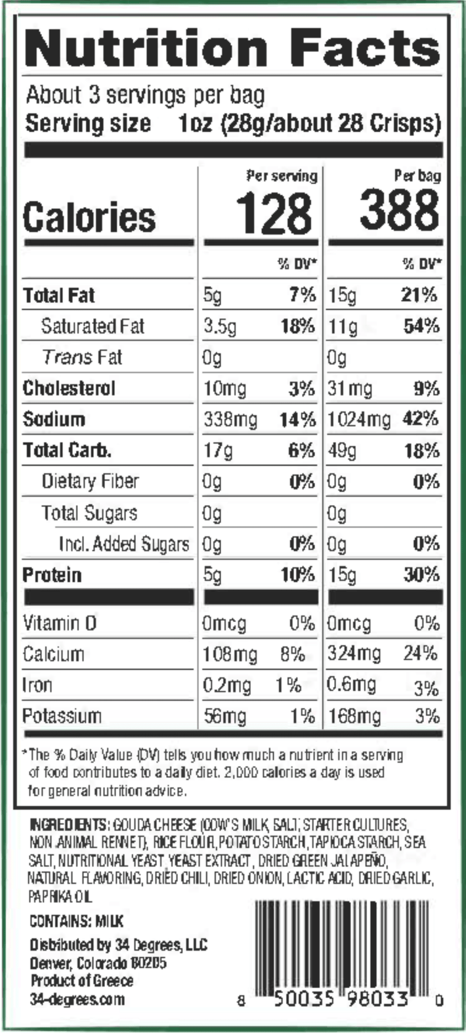 Nutrition facts label for a product with serving size, calories, and detailed nutritional information.