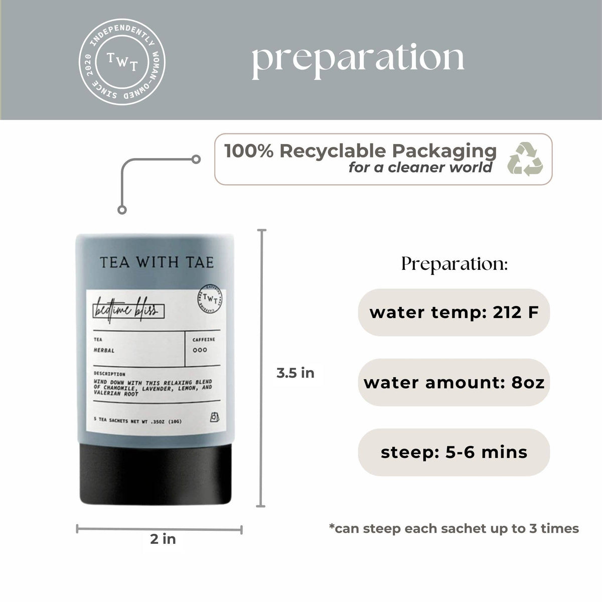 Tea packaging with preparation instructions and branding on a light gray background