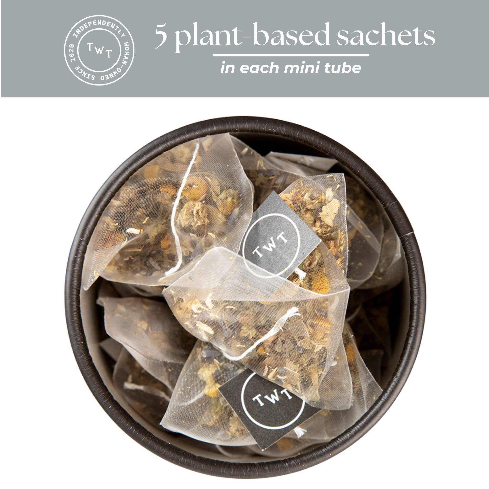 Container of plant-based sachets with TWT branding on a white background