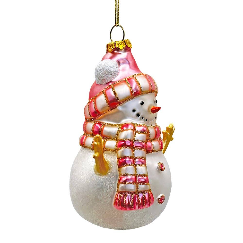 Decorative snowman ornament with pink hat and scarf on a white background