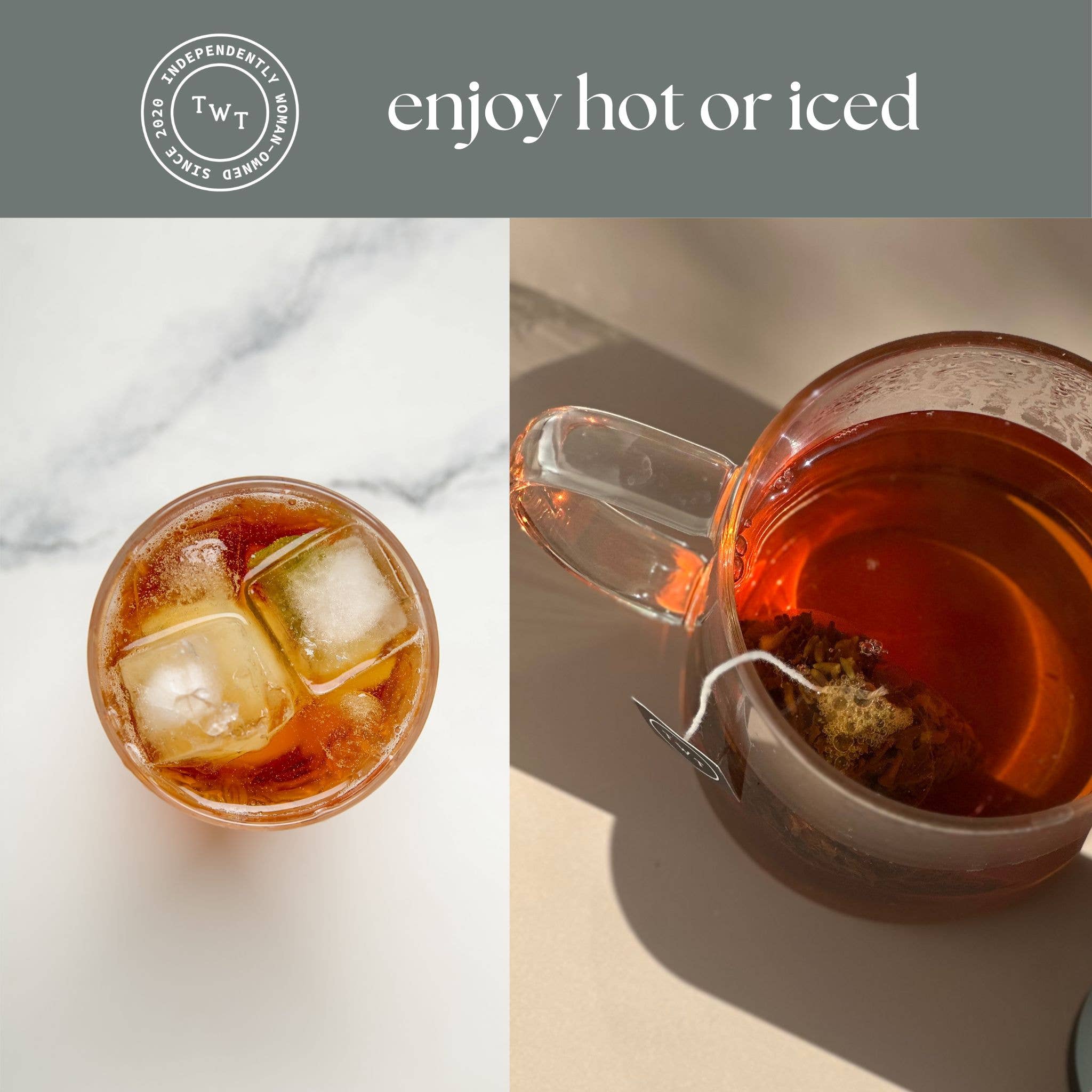 A split lifestyle image showing two ways to enjoy a hot or iced tea: on the left, a glass of amber iced tea with ice cubes on a white marble surface, and on the right, a clear glass teapot filled with amber hot tea and a tea bag. A dark gray banner at the top features the brand logo &