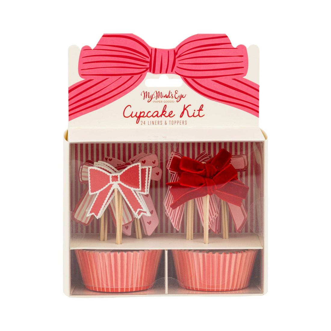Cupcake kit with red bows and liners in a box packaging on a white background