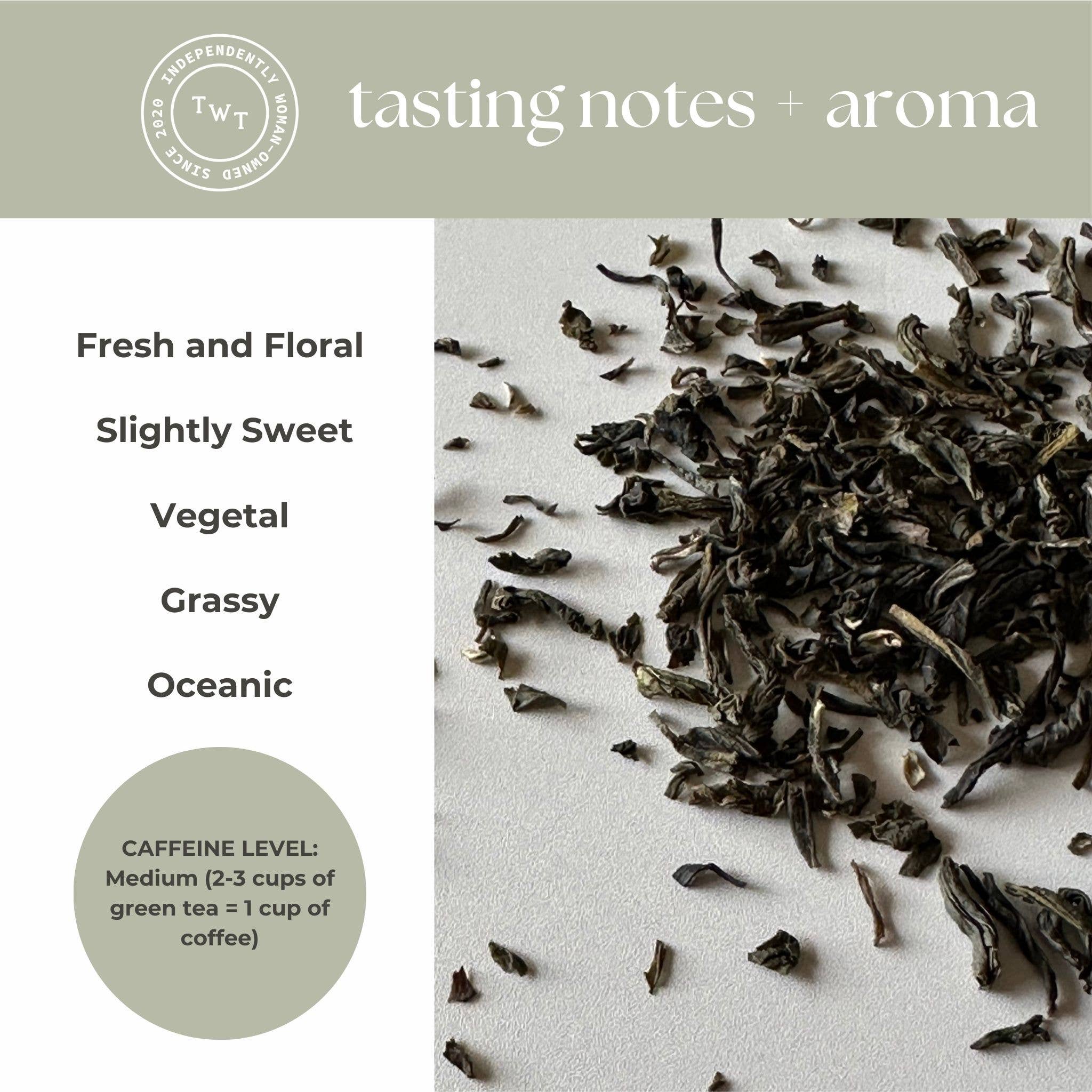 Tea leaves with tasting notes and aroma description on a light background