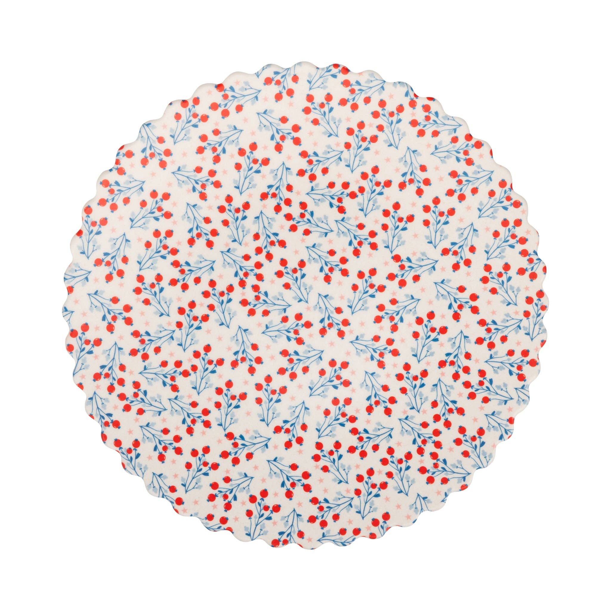 Round bamboo plate with red and blue floral pattern on a white background