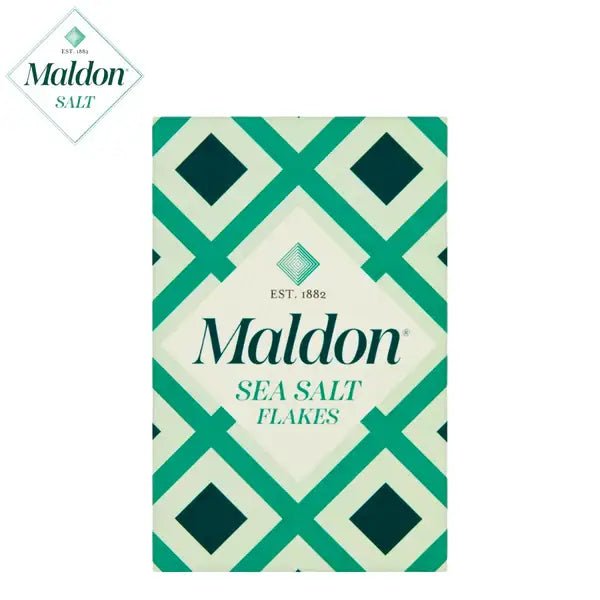 Maldon Sea Salt Flakes packaging with geometric design on a white background