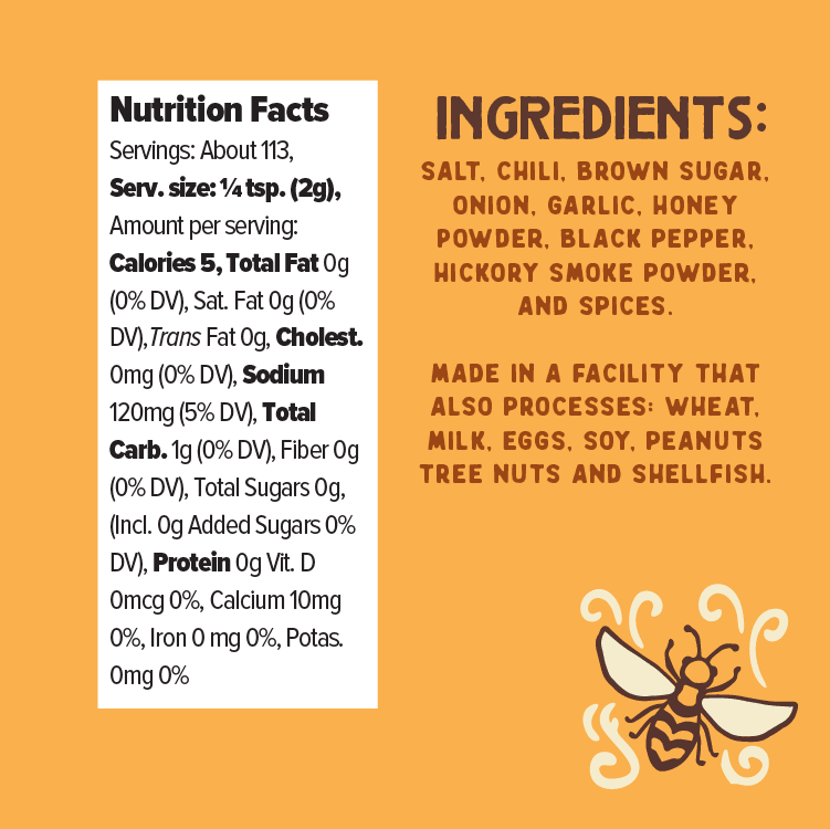 Nutrition facts and ingredients list on a yellow background with a bee logo.
