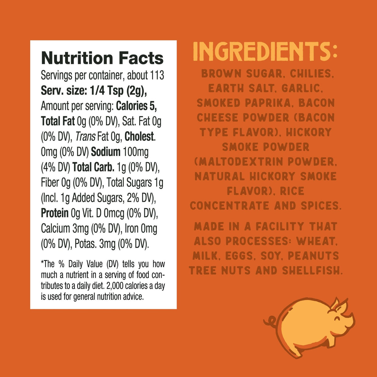 Nutrition facts and ingredients list on an orange background with a pig icon.