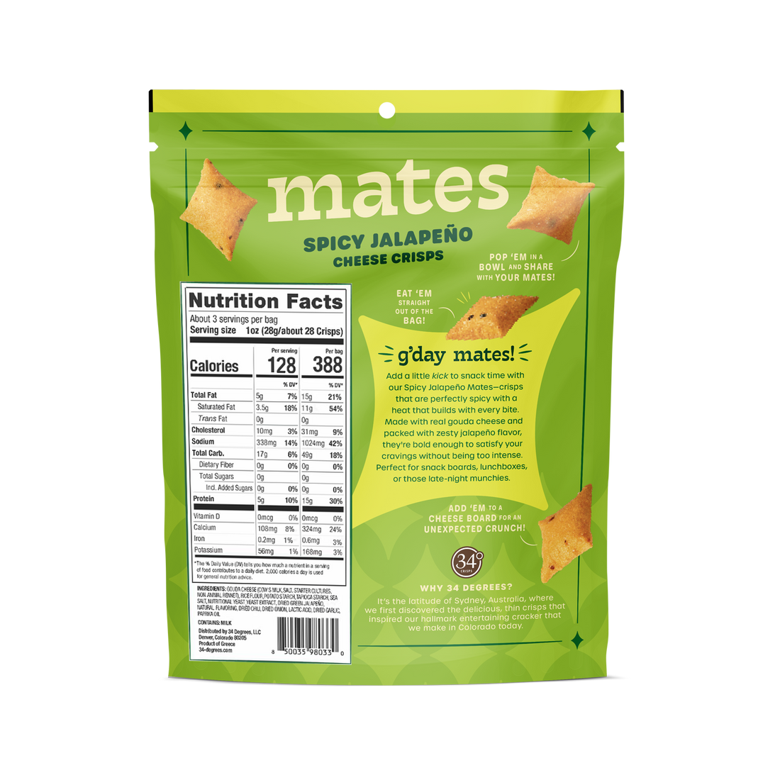 Green package of Spicy Jalapeno Cheese Crisps with &