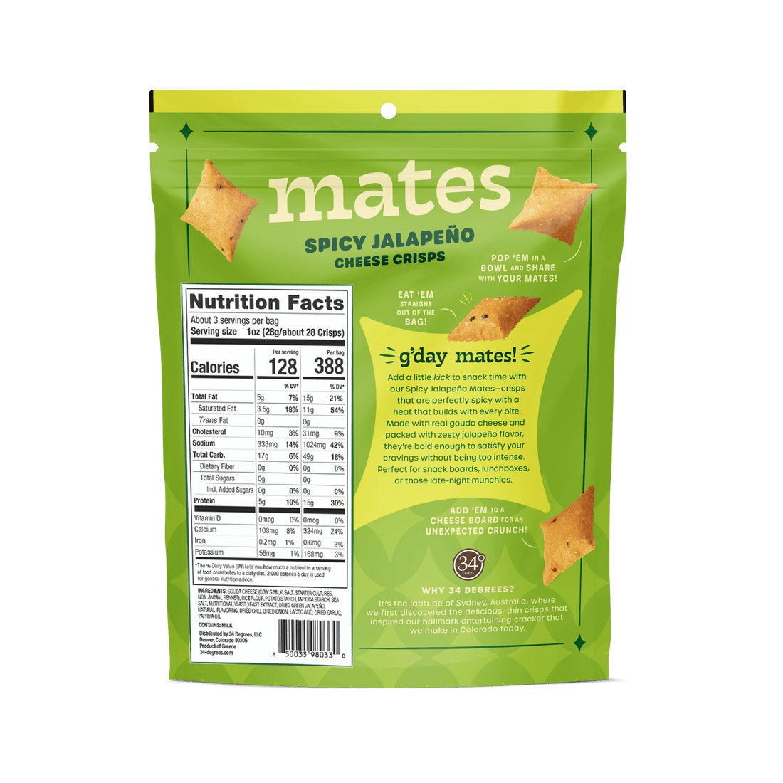 Green package of Spicy Jalapeno Cheese Crisps with &