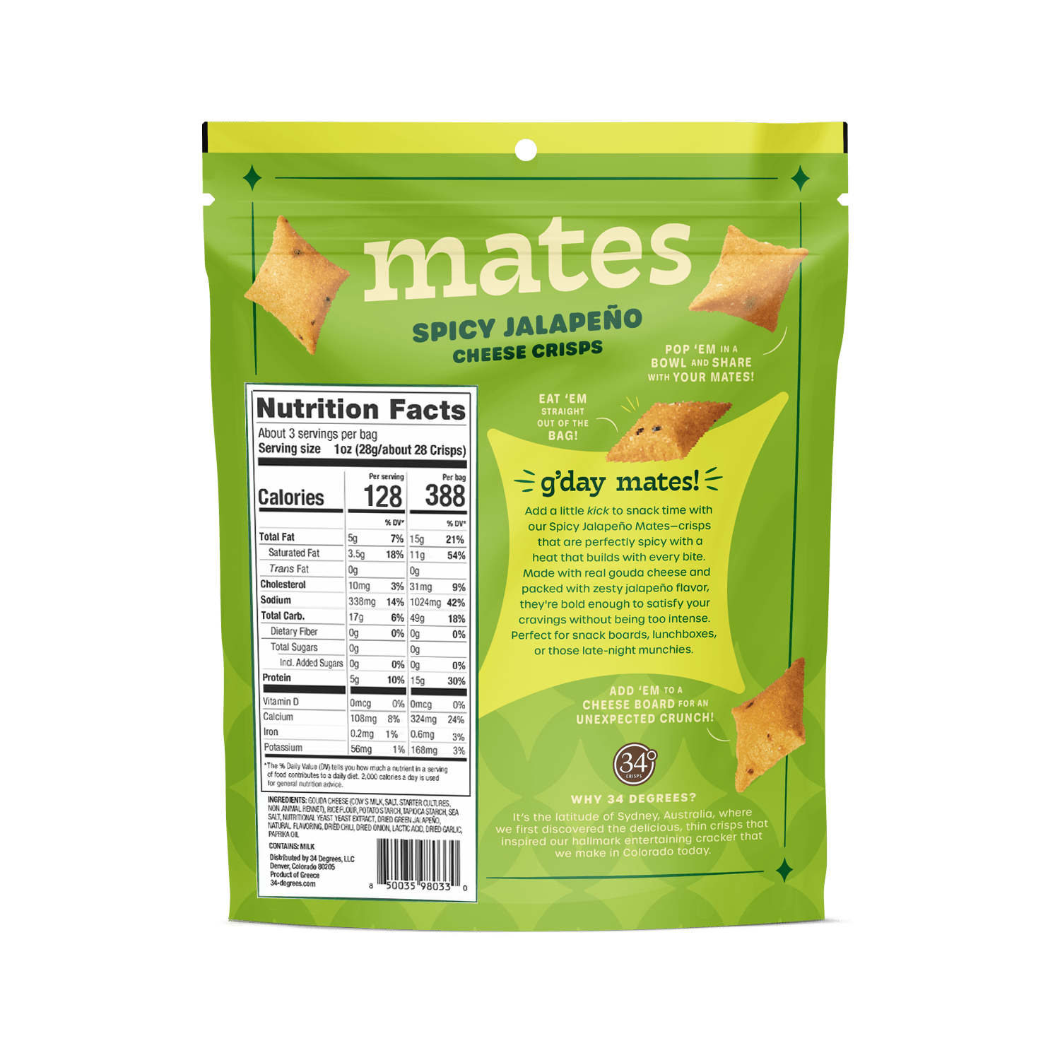 Green package of Spicy Jalapeno Cheese Crisps with &