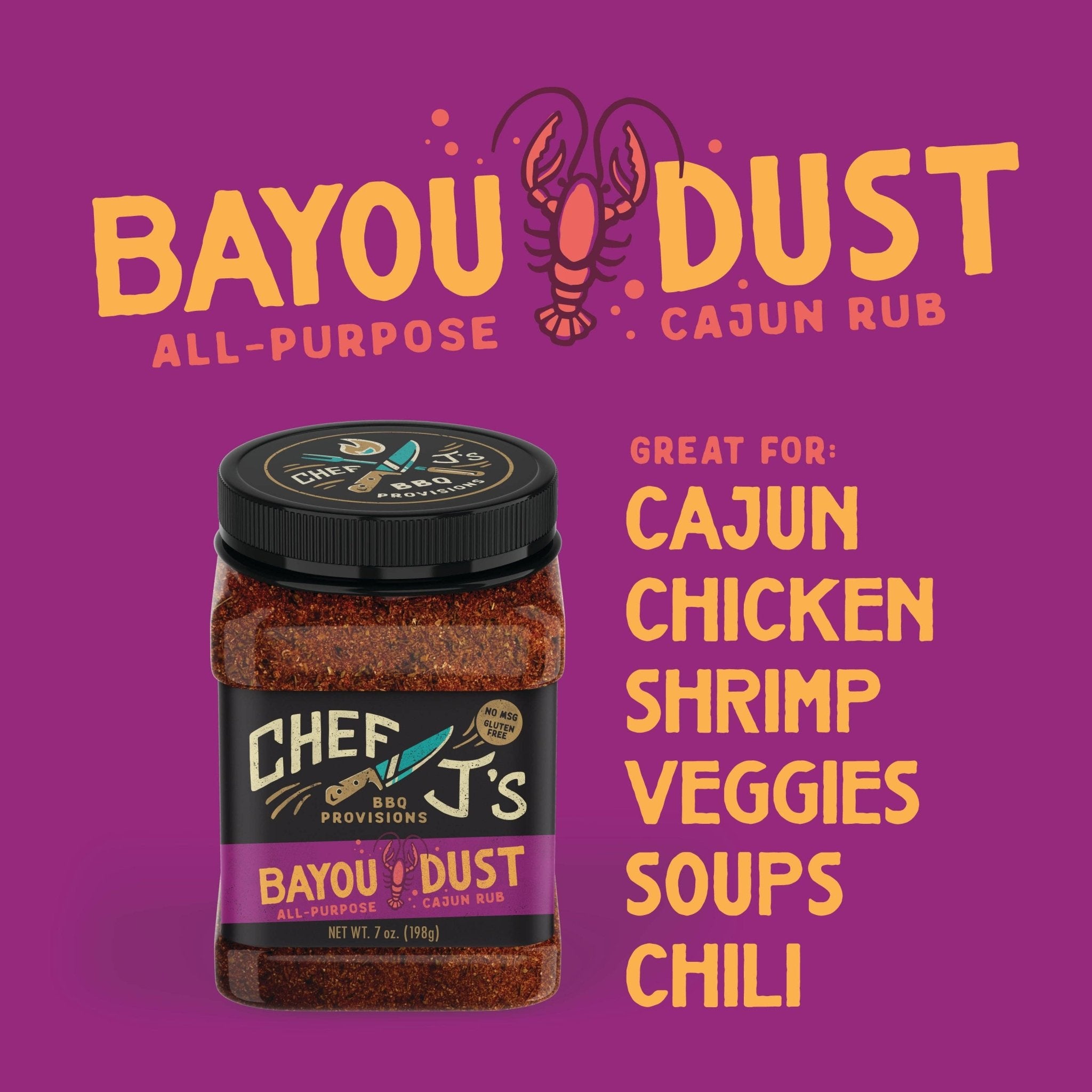 Bayou Dust all-purpose Cajun rub with a jar on a purple background